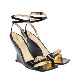 Gucci 37/ US 7 Two-Toned Dora Embellished Crystal Wedge Black Sandals NIB $1,250